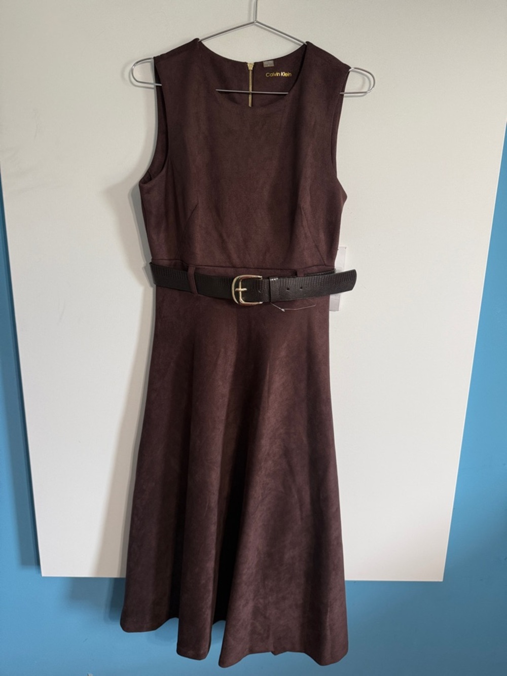 Calvin Klein Brown Faux Suede Belted A-Line Midi Dress Size 6 - Picture 4 of 12